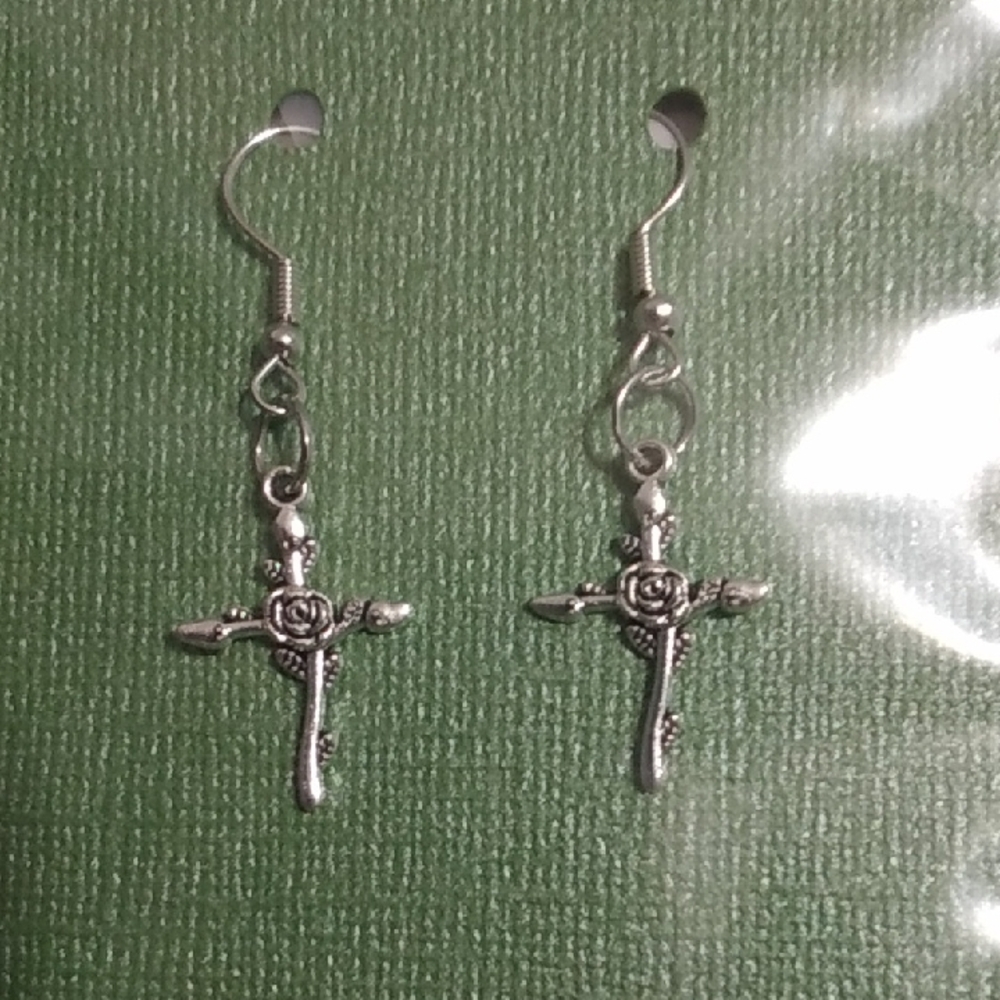 Silver Cross and Rose Dangle Earrings